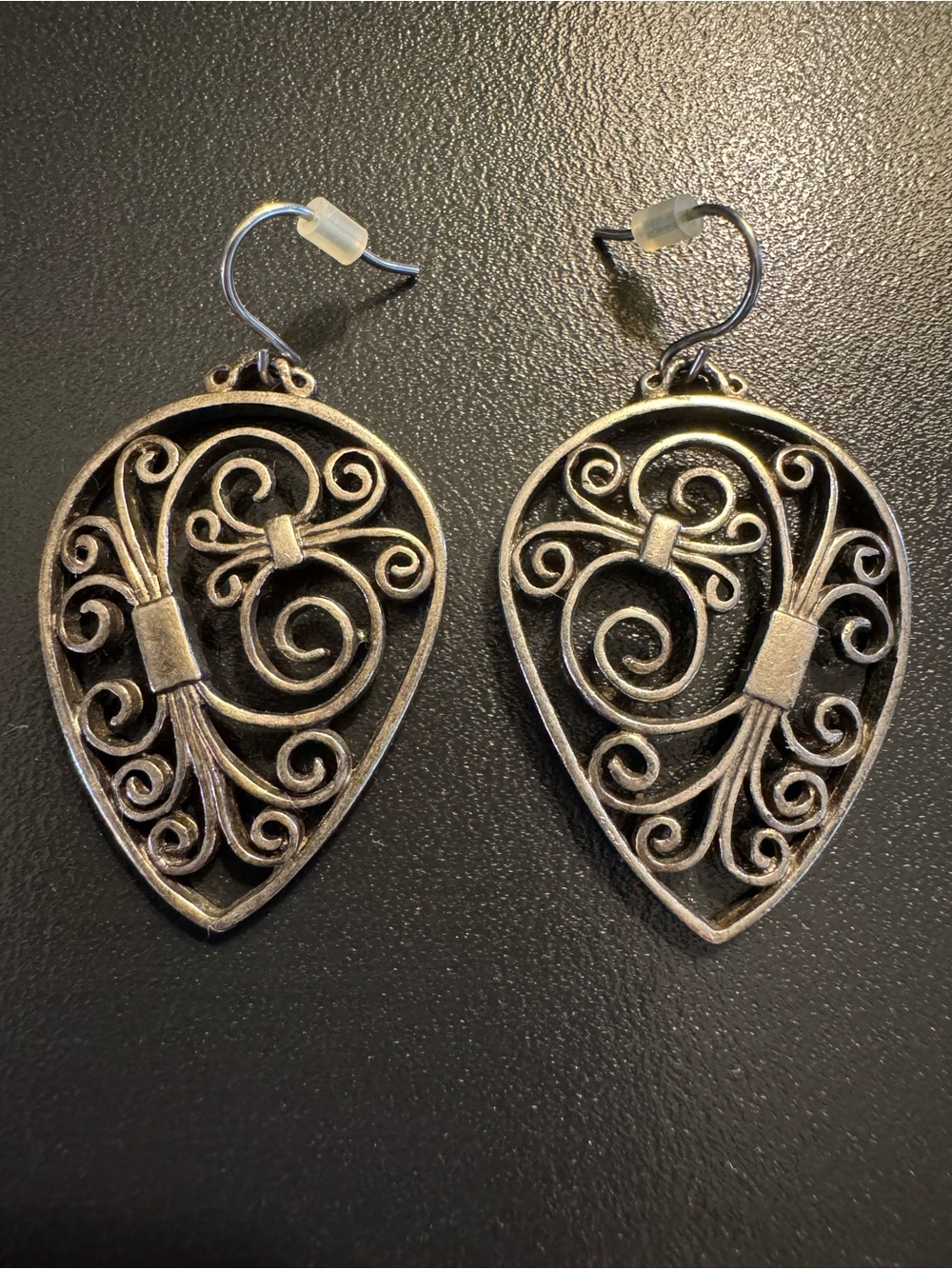 Vintage Antiqued Brass Tone Filigree Scroll Earrings - Signed KC